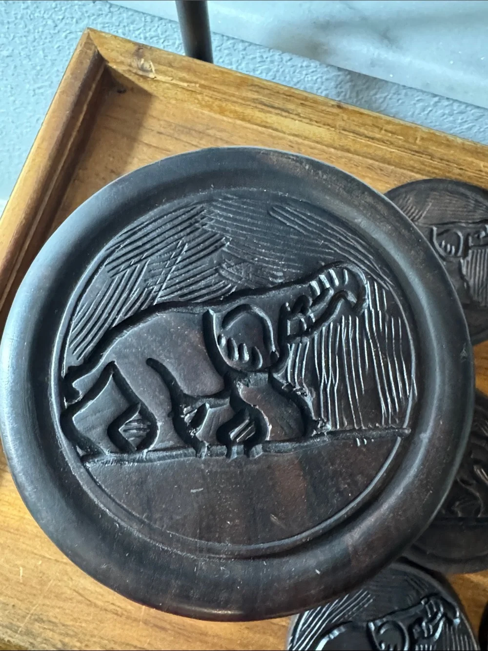 Carved Ebony Wooden Coasters with Intricate Safari Motifs